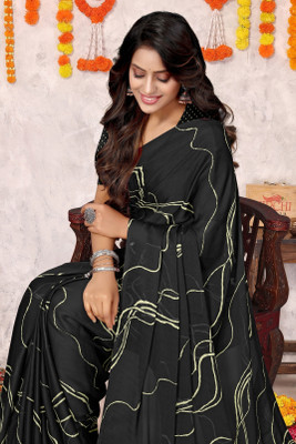 MIRCHI FASHION Printed, Geometric Print Daily Wear Chiffon, Georgette Saree(Black, Yellow)