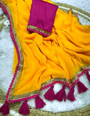 Arpita Fashion Solid/Plain Bollywood Georgette Saree(Yellow, Pink)