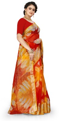 KOTHARI BS Solid/Plain Bandhani Organza Saree(Red, Yellow)