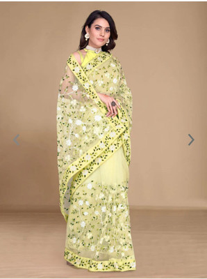 Verviza Embroidered, Self Design Bollywood Net Saree(Yellow)
