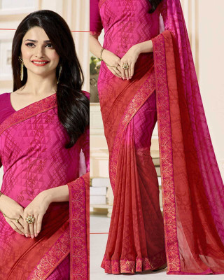 MEETVIN COUTURE Printed, Self Design, Digital Print, Embroidered, Floral Print, Solid/Plain Daily Wear Georgette, Chiffon Saree(Pink)