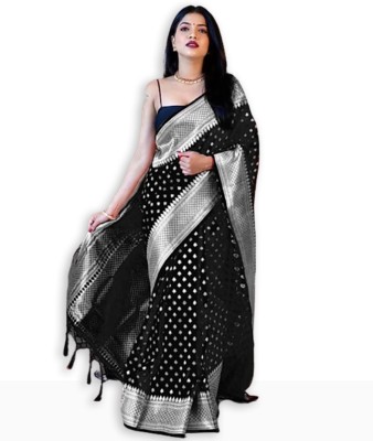 Torofy Woven, Dyed, Solid/Plain Banarasi Silk Blend, Jacquard Saree(Black)
