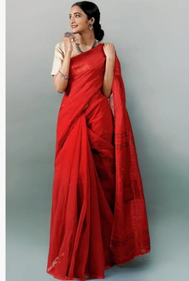RAJTEXTILE Solid/Plain Handloom Cotton Silk Saree(Red)