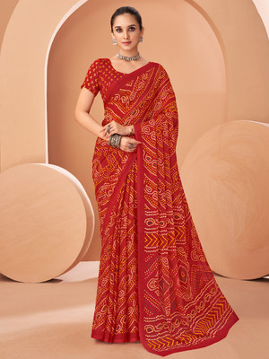 Pandadi Saree Floral Print Bandhani Chiffon Saree(Red)