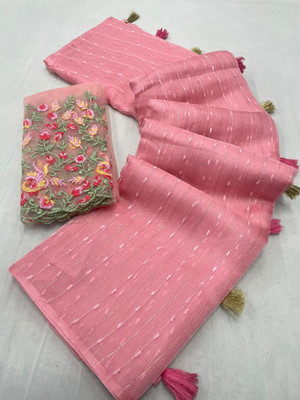 Infyshopy Striped, Self Design, Solid/Plain, Embroidered Banarasi Organza Saree(Pink)