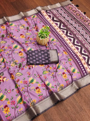 ALAGINI Digital Print Gadwal Cotton Blend Saree(Purple)