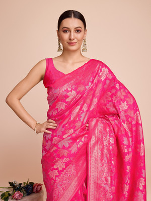SICHYAH Woven, Embellished Kanjivaram Pure Silk Saree(Pink)
