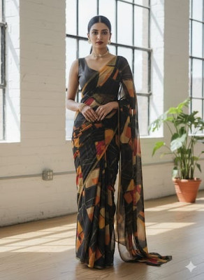 DUDHANE TRADING CORPORATION Geometric Print, Printed, Floral Print Bollywood Silk Blend Saree(Black)