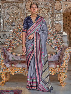 Sareemall Printed Chinnalapattu Silk Blend Saree(Grey)