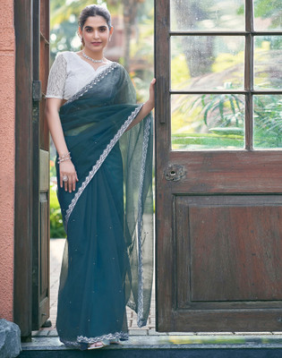 Anmi Dyed, Embellished Bollywood Net Saree(Blue)