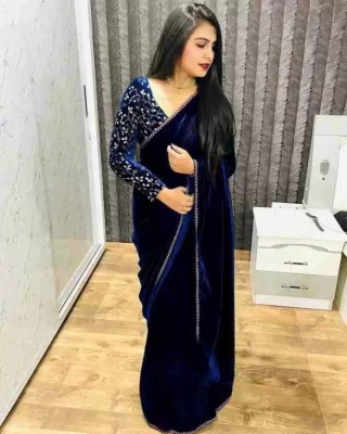 FoogFeb Embellished Bollywood Velvet Saree(Dark Blue)