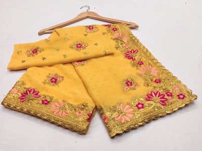 MIYANIFAB Embroidered Bollywood Georgette Saree(Yellow)