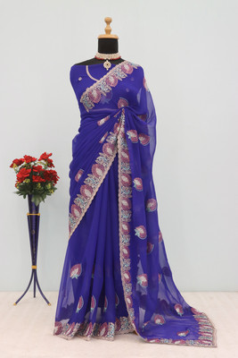 KHRITI FAB Embroidered Bollywood Silk Blend Saree(Blue)
