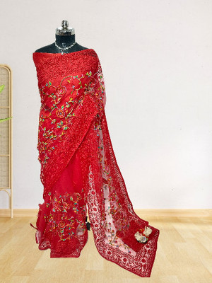 GALANI ENTERPRISE Embroidered Bollywood Net Saree(Red)
