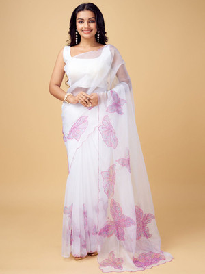 ANOUK Printed Chanderi Organza Saree(White)