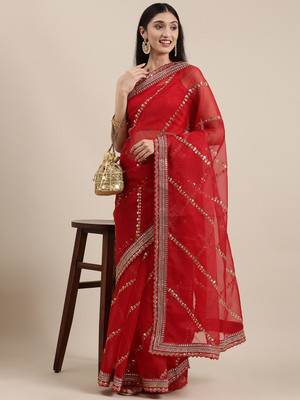 Tasrika Embroidered Bollywood Organza Saree(Red)