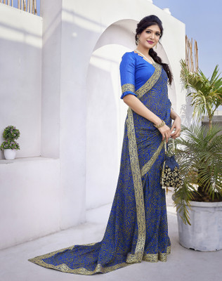 YASHIKA Printed Daily Wear Georgette, Lace Saree(Blue)