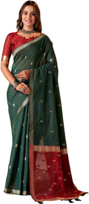 HERE&NOW Woven Bollywood Cotton Blend Saree(Green)