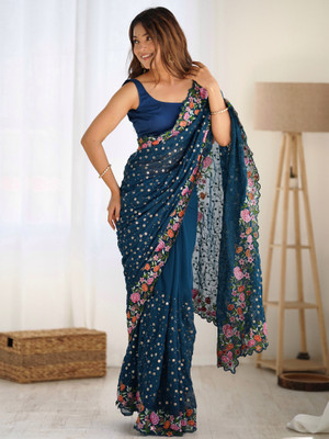 Sareemall Floral Print Bollywood Georgette Saree(Blue)