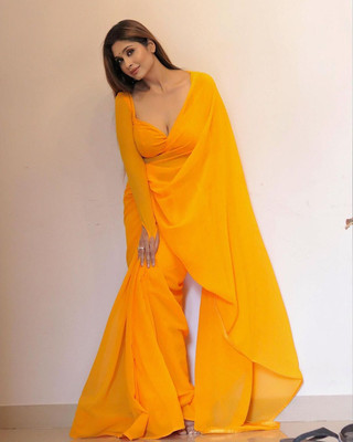 V And V Shop Solid/Plain Daily Wear Georgette Saree(Yellow)