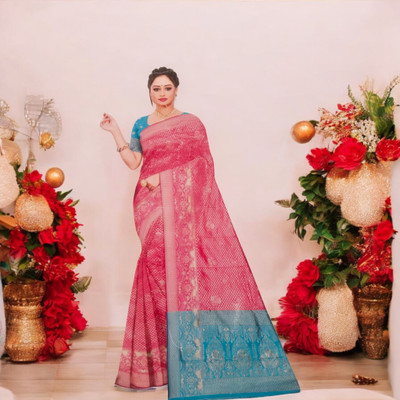 Shree Shyam Collection Floral Print Banarasi Pure Silk Saree(Pink)