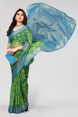 Winza Designer Floral Print Daily Wear Chiffon, Brasso Saree(Light Green, Light Blue)