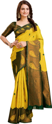 The Style Sanctuary Paisley, Woven Banarasi Silk Blend Saree(Magenta, Black)