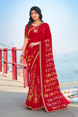Laxmipati Sarees Printed Bollywood Chiffon Saree(Red)