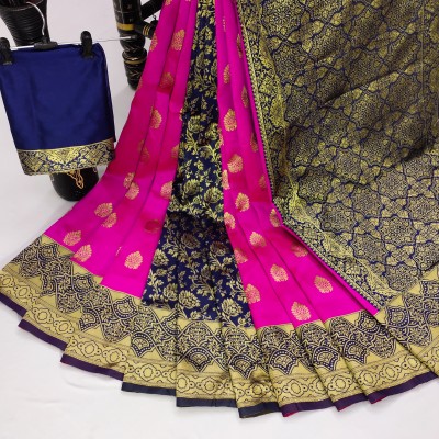 Aadvika Woven Kanjivaram Jacquard, Silk Blend Saree(Pink, Dark Blue)