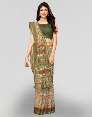 Nirvaan Printed Bollywood Cotton Linen Saree(Green)