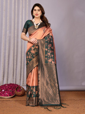VASTUKALA Woven Kanjivaram Pure Silk, Art Silk Saree(Orange, Green)