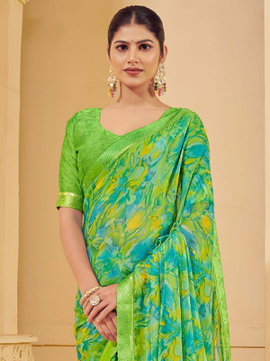 ANOUK Printed Chinnalapattu Chiffon Saree(Light Green)