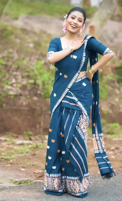 GRUJHA Self Design Mekhela Chador Polyester Saree(Dark Green)