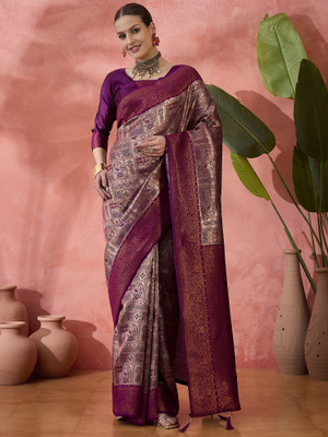 Sangria Woven Saree with Attached Blouse Silk Blend Saree(Purple)