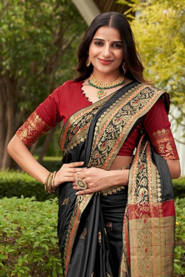NIYAMI Printed, Self Design, Temple Border, Woven, Floral Print, Solid/Plain Banarasi Jacquard, Cotton Silk Saree(Black)