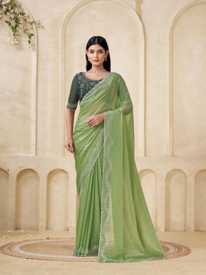 Zenophily Solid/Plain Maheshwari Chiffon Saree(Green)
