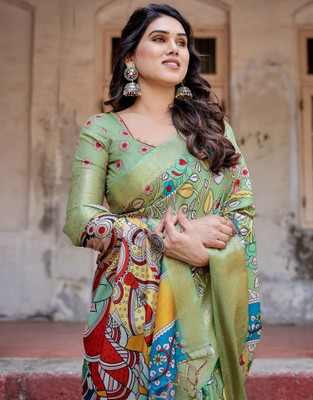 Tasrika Printed, Woven, Embellished Kalamkari Tussar Silk Saree(Green)