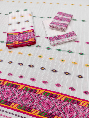 Sarita silk mills Striped, Woven, Geometric Print Mekhela Chador Cotton Blend Saree(Pink)