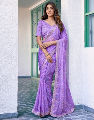 Satrani Embroidered, Embellished, Printed Bandhani Chiffon Saree(Purple, Multicolor)
