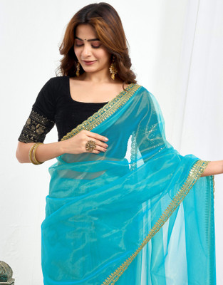 Samah Solid/Plain Bollywood Net Saree(Light Blue)