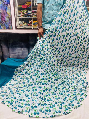 HouseOfCommon Printed Jamdani Cotton Blend Saree(Light Blue)