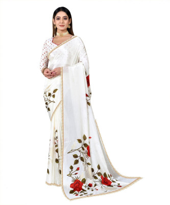 RAJESHWAR FASHION Floral Print Bollywood Chiffon Saree(White)