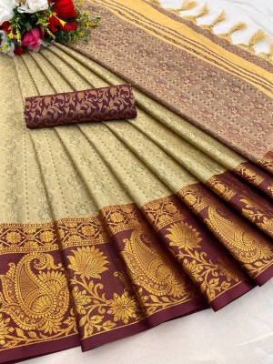 yourwish Woven, Embellished, Self Design Banarasi Silk Blend, Jacquard Saree(Beige, Maroon, Gold)