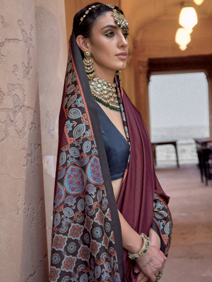 ANOUK Printed Banarasi Silk Blend Saree(Maroon)