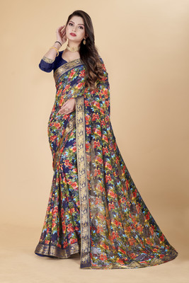 Aadimam Creation Printed Bollywood Art Silk Saree(Blue, Black)