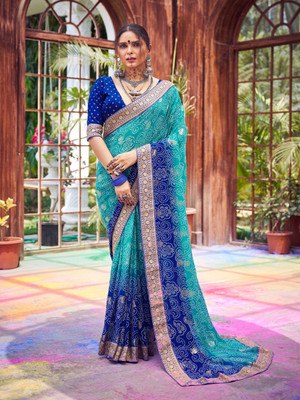 Stylum Printed Bandhani Georgette Saree(Blue)