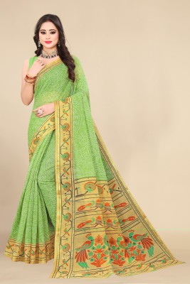 KISSAH Woven Bollywood Cotton Silk Saree(Green)