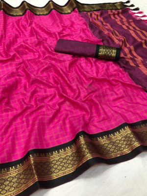 Bombey Velvat Fab Woven Mysore Pure Silk, Cotton Silk Saree(Pink, Black, Gold)