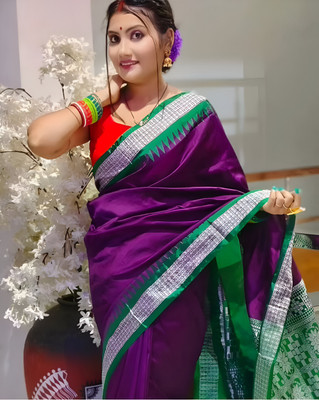 Sijileen Solid/Plain, Temple Border Sambalpuri Art Silk Saree(Magenta)