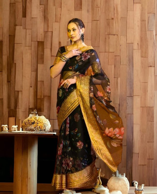 Stylum Floral Print Daily Wear Organza Saree(Black)